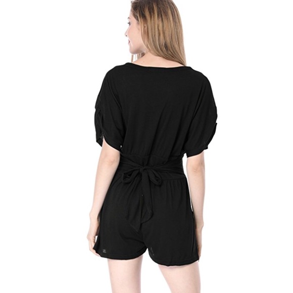 Black V Neck Cross Wrap Front Tie Back Romper - Picture 3 of 5